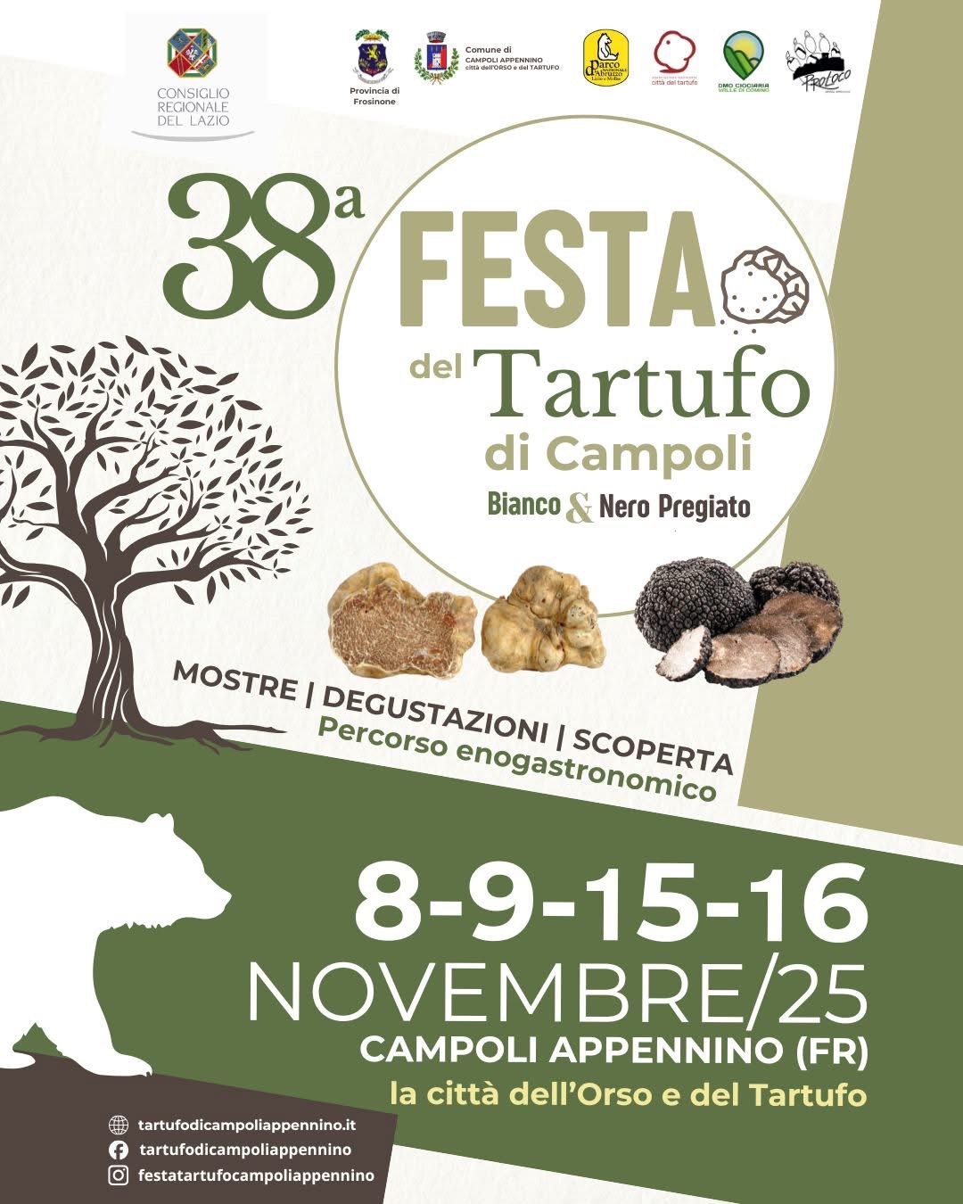 38 Festa del Tartufo bianco e nero pregiato di Campoli Appennino - mostre, degustazioni, scoperta - Percorso enogastronomico. 8-9-15-16 Novembre 2025